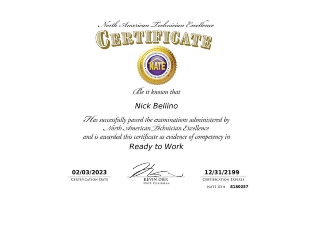 NATE Ready to Work certification — Nick Bellino